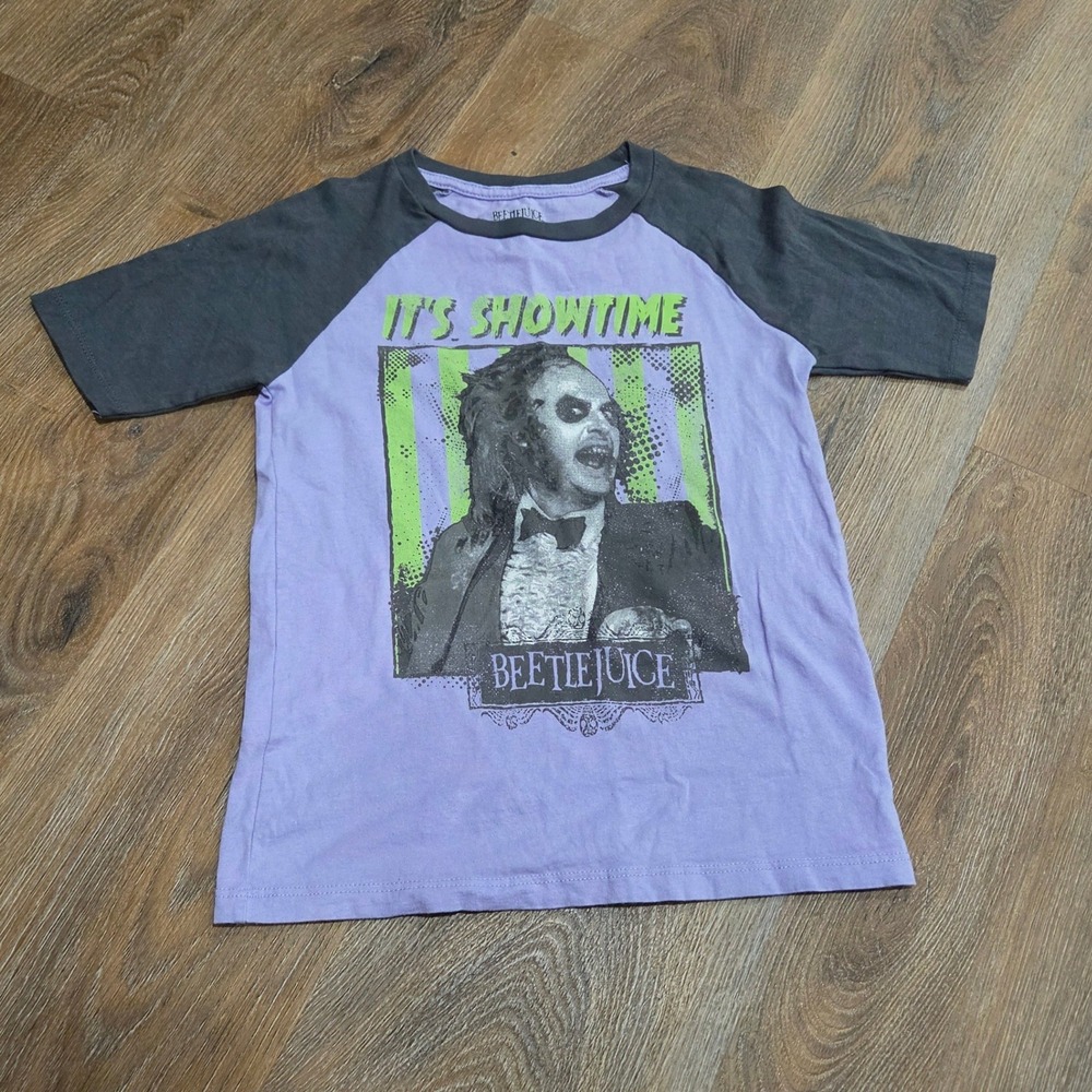 Beetlejuice Kids Shirt It's Showtime Raglan Graphic Tee Purple Grey Small S